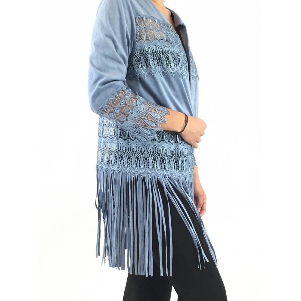 Chicos 0 Womens Open Lace‎ And Fringe Steel Blue Faux Suede Cardigan Sz 2 NWOT